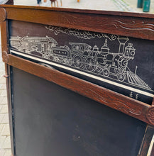 Load image into Gallery viewer, Bwrdd du Edwardaidd yn troi'n ddesg plentyn, gyda bwrdd efo 20 o ddelweddau yn sgrolio / Edwardian child’s drawing black board converting into a desk, with a scrolling picture board with 20 images