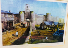 Load image into Gallery viewer, Print Limited Edition ‘Gateway to Caernarfon 1809’ gan yr Artist Grenz (Tom Griffiths) wedi ei fframio yn broffesiynol / Professionally framed Limited Edition print of artist Grenz (Tom Griffiths) drawing of ‘Gateway to Caernarfon 1808’