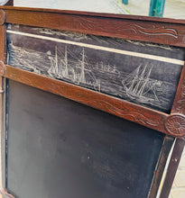 Load image into Gallery viewer, Bwrdd du Edwardaidd yn troi'n ddesg plentyn, gyda bwrdd efo 20 o ddelweddau yn sgrolio / Edwardian child’s drawing black board converting into a desk, with a scrolling picture board with 20 images