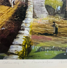 Load image into Gallery viewer, Print Limited Edition ‘Gateway to Caernarfon 1809’ gan yr Artist Grenz (Tom Griffiths) wedi ei fframio yn broffesiynol / Professionally framed Limited Edition print of artist Grenz (Tom Griffiths) drawing of ‘Gateway to Caernarfon 1808’
