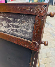 Load image into Gallery viewer, Bwrdd du Edwardaidd yn troi'n ddesg plentyn, gyda bwrdd efo 20 o ddelweddau yn sgrolio / Edwardian child’s drawing black board converting into a desk, with a scrolling picture board with 20 images