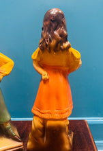 Load image into Gallery viewer, Pâr o fachgen a merch chalkware Vintage o’r 30au wedi eu peintio â llaw /
Pair of hand painted Vintage chalkware boy and girl from the 30s