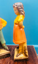 Load image into Gallery viewer, Pâr o fachgen a merch chalkware Vintage o’r 30au wedi eu peintio â llaw /
Pair of hand painted Vintage chalkware boy and girl from the 30s