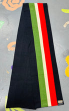 Load image into Gallery viewer, Scarff ysgol gwlan streips coch, gwyrdd, gwyn a du Vintage o ‘Daniel Thomas Outfitters Aberystwyth’ / Vintage red, green, white and black striped woolen school scarf by ‘Daniel Thomas Outfitters Aberystwyth’