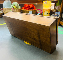 Load image into Gallery viewer, Bocs Cymorth Cyntaf Vintage ‘freestanding’ pren a gwydr o ganol y ganrif ddiwethaf yn llawn deunyddiau Cymorth Cyntaf Vintage / Vintage Mid Century freestanding wood and glass First Aid box full of Vintage First Aid items