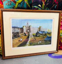 Load image into Gallery viewer, Print Limited Edition ‘Gateway to Caernarfon 1809’ gan yr Artist Grenz (Tom Griffiths) wedi ei fframio yn broffesiynol / Professionally framed Limited Edition print of artist Grenz (Tom Griffiths) drawing of ‘Gateway to Caernarfon 1808’