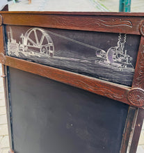 Load image into Gallery viewer, Bwrdd du Edwardaidd yn troi'n ddesg plentyn, gyda bwrdd efo 20 o ddelweddau yn sgrolio / Edwardian child’s drawing black board converting into a desk, with a scrolling picture board with 20 images