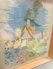 Load image into Gallery viewer, Bwthyn a gardd wedi ei frodio â llaw yn 1955 mewn ffrâm dderw / Cottage and garden hand embroidered in 1955 in an oak frame