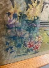 Load image into Gallery viewer, Bwthyn a gardd wedi ei frodio â llaw yn 1955 mewn ffrâm dderw / Cottage and garden hand embroidered in 1955 in an oak frame