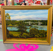 Load image into Gallery viewer, Darlun olew ar ganfas o Bont Borth gan E. Hughes mewn ffrâm aur / Oil on canvas painting of Menai Suspension Bridge in a gold frame