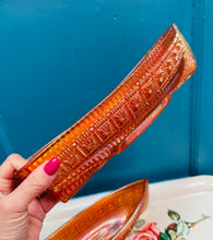 Load image into Gallery viewer, Powlen wydr Sowerby Carnival Marigold tywyll Vintage prin siâp cwch rhwyfo / Rare Vintage dark Marigold Sowerby Carnival glass rowboat shaped bowl