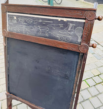 Load image into Gallery viewer, Bwrdd du Edwardaidd yn troi'n ddesg plentyn, gyda bwrdd efo 20 o ddelweddau yn sgrolio / Edwardian child’s drawing black board converting into a desk, with a scrolling picture board with 20 images