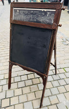 Load image into Gallery viewer, Bwrdd du Edwardaidd yn troi'n ddesg plentyn, gyda bwrdd efo 20 o ddelweddau yn sgrolio / Edwardian child’s drawing black board converting into a desk, with a scrolling picture board with 20 images