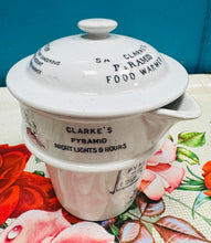 Load image into Gallery viewer, Cynhesydd Bwyd Pyramid Ironstone Gwyn Hynafol Clarks gyda Hysbysebu Hynafol / Antique White Ironstone Clarks Pyramid Food Warmer with Antique Advertising