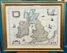 Load image into Gallery viewer, Print o fap William a John Blaeu o Brydain o 1635 mewn hen ffrâm euraidd / Print of William and John Blaeu’s map of Britain from 1635 in a Vintage gold frame