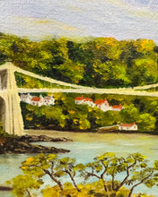 Load image into Gallery viewer, Darlun olew ar ganfas o Bont Borth gan E. Hughes mewn ffrâm aur / Oil on canvas painting of Menai Suspension Bridge in a gold frame