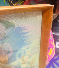 Load image into Gallery viewer, Bwthyn a gardd wedi ei frodio â llaw yn 1955 mewn ffrâm dderw / Cottage and garden hand embroidered in 1955 in an oak frame