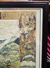 Load image into Gallery viewer, Poster mewn ffrâm o Fap Cymru y Mabinogion, wedi'i ddarlunio gan Margaret Jones ym 1986 / Framed poster of the Mabinogion Map of Wales illustrated by Margaret Jones in 1986
