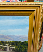 Load image into Gallery viewer, Darlun olew ar ganfas o Bont Borth gan E. Hughes mewn ffrâm aur / Oil on canvas painting of Menai Suspension Bridge in a gold frame