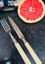 Load image into Gallery viewer, Cyllyll miniog a ffyrc arian Hynafol a phrin yn eu bocs gwreiddiol / Antique and rare silver sharp knives and forks in their original box