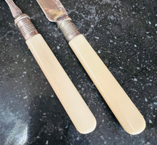 Load image into Gallery viewer, Cyllyll miniog a ffyrc arian Hynafol a phrin yn eu bocs gwreiddiol / Antique and rare silver sharp knives and forks in their original box