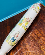 Load image into Gallery viewer, Rholbren wydr gwyn Hynafol wedi ei addurno gyda gwahanol ddarluniau o’r 1860au / Antique milk glass rolling pin decorated with various drawings from the 1860s