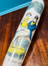 Load image into Gallery viewer, Rholbren wydr gwyn Hynafol wedi ei addurno gyda gwahanol ddarluniau o’r 1860au / Antique milk glass rolling pin decorated with various drawings from the 1860s