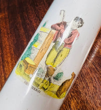 Load image into Gallery viewer, Rholbren wydr gwyn Hynafol wedi ei addurno gyda gwahanol ddarluniau o’r 1860au / Antique milk glass rolling pin decorated with various drawings from the 1860s