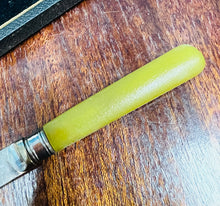 Load image into Gallery viewer, 6 Cyllell Menyn EPNS carn mwstard Vintage o’r 40au yn eu bocs gwreiddiol / 6 Vintage 1940s mustard handles EPNS Butter Knives in original case
