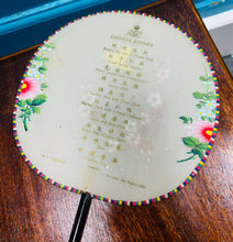 Load image into Gallery viewer, Ffan Tseiniaidd sidan Vintage gyda bwydlen y wledd bwyd Tseiniaidd oedd ar fwrdd y llong M.V.Tegelberg 6/8/1966 / Vintage silk Chinese fan with the Chinese banquet’s menu that was on board the M.V.Tegelberg ship on 6/8/1966
