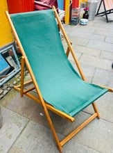 Load image into Gallery viewer, ‘Deckchair’ derw Vintage gyda defnydd gwyrdd/ Vintage green fabric oak deckchair

