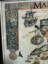 Load image into Gallery viewer, Poster mewn ffrâm o Fap Cymru y Mabinogion, wedi'i ddarlunio gan Margaret Jones ym 1986 / Framed poster of the Mabinogion Map of Wales illustrated by Margaret Jones in 1986

