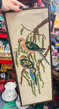 Load image into Gallery viewer, Dau aderyn wedi eu brodio â llaw yn 1955 mewn ffrâm Retro / Two birds hand embroidered in a Retro frame
