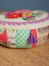 Load image into Gallery viewer, Pwffi patch work blodeuog wedi ei frodio / Floral embroidered patch work pouffe
