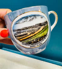 Load image into Gallery viewer, Cwpan a soser las Lustreware ‘Gardens  Promenade and Beach, Barry Island’ Hynafol / Antique ‘Gardens  Promenade and Beach, Barry Island’ blue Lustreware cup and saucer
