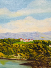 Load image into Gallery viewer, Darlun olew ar ganfas o Bont Borth gan E. Hughes mewn ffrâm aur / Oil on canvas painting of Menai Suspension Bridge in a gold frame
