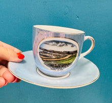 Load image into Gallery viewer, Cwpan a soser las Lustreware ‘Gardens  Promenade and Beach, Barry Island’ Hynafol / Antique ‘Gardens  Promenade and Beach, Barry Island’ blue Lustreware cup and saucer
