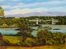 Load image into Gallery viewer, Darlun olew ar ganfas o Bont Borth gan E. Hughes mewn ffrâm aur / Oil on canvas painting of Menai Suspension Bridge in a gold frame
