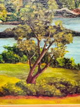 Load image into Gallery viewer, Darlun olew ar ganfas o Bont Borth gan E. Hughes mewn ffrâm aur / Oil on canvas painting of Menai Suspension Bridge in a gold frame
