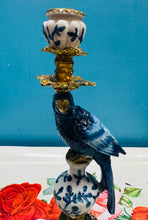 Load image into Gallery viewer, Daliwr canhwyllau glas a gwyn Parot ornate / Ornate blue and white Parrot candle holder
