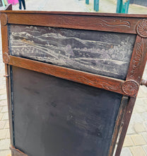 Load image into Gallery viewer, Bwrdd du Edwardaidd yn troi'n ddesg plentyn, gyda bwrdd efo 20 o ddelweddau yn sgrolio / Edwardian child’s drawing black board converting into a desk, with a scrolling picture board with 20 images

