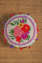 Load image into Gallery viewer, Pwffi patch work blodeuog wedi ei frodio / Floral embroidered patch work pouffe
