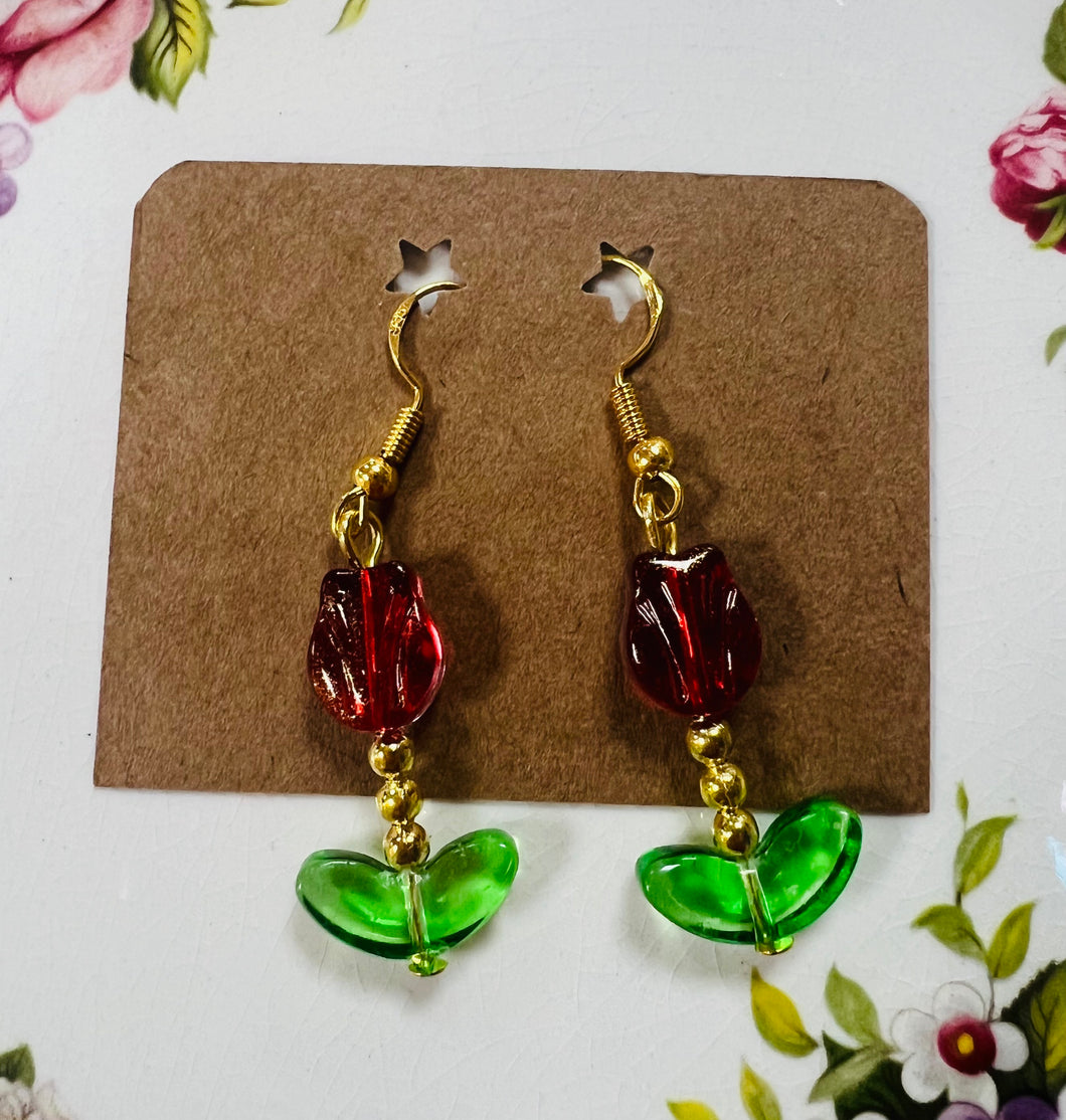 Clustlysau Tiwlip gwydr steil Vintage / Vintage style glass Tulip earrings