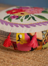 Load image into Gallery viewer, Pwffi patch work blodeuog wedi ei frodio / Floral embroidered patch work pouffe
