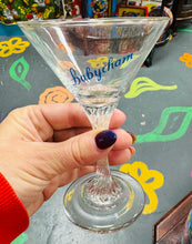 Load image into Gallery viewer, Gwydryn Babycham prin siâp gwydryn martini o’r 70au / Rare martini glass shaped Babycham glass from the 70s
