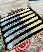 Load image into Gallery viewer, 6 Cyllell Menyn EPNS carn hufen Vintage o’r 40au yn eu bocs gwreiddiol / 6 Vintage 1940s cream handles EPNS Butter Knives in original case
