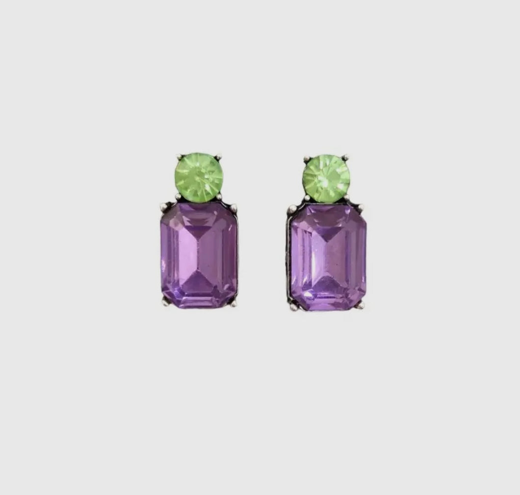 Clustlysau Dwy Em Bychan Lilac a Lime / Mini Twin Gem Earring Lilac and Lime