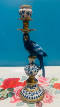 Load image into Gallery viewer, Daliwr canhwyllau glas a gwyn Parot ornate / Ornate blue and white Parrot candle holder
