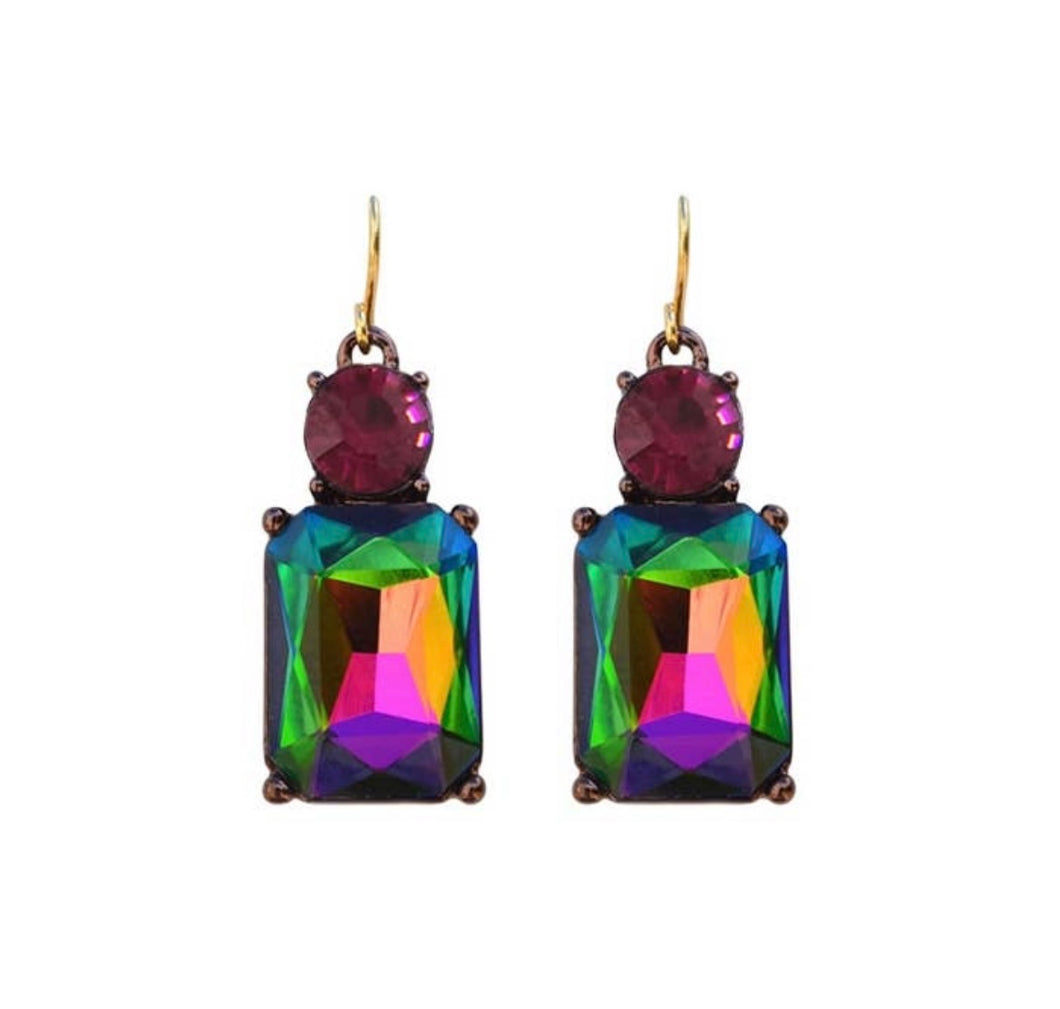 Clustlysau Dwy Em Enfys a Pinc / Twin Gem Earring Rainbow and Pink