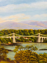 Load image into Gallery viewer, Darlun olew ar ganfas o Bont Borth gan E. Hughes mewn ffrâm aur / Oil on canvas painting of Menai Suspension Bridge in a gold frame

